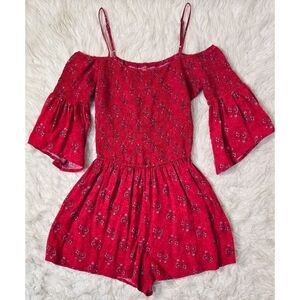 Hollister Romper Floral Red Off The Shoulder Shorts Boho Beach Flutter Sleeve